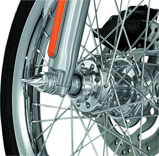 Chrome Kuryakyn Twisted Axle Caps for Harley Davidson and Sportster models, featuring sleek, decorative design on motorcycle axles.