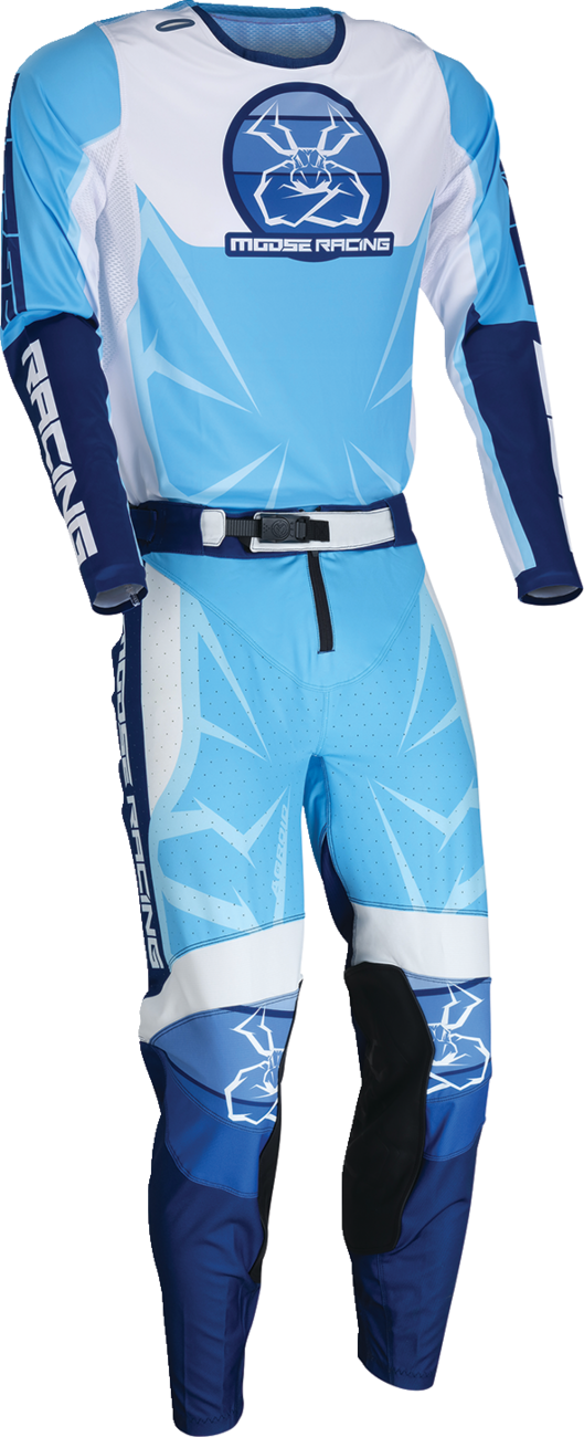 Moose Offroad Agroid pants in blue and white, US 26 slim fit, featuring rugged design and functional details for outdoor activities.