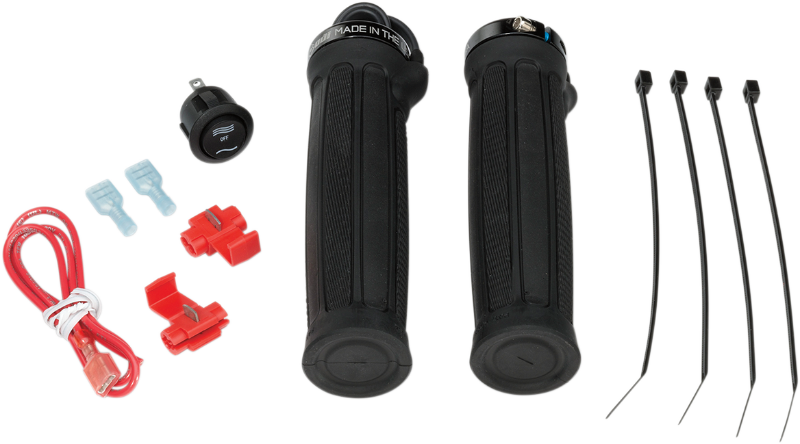 Moose Offroad clamp-on heated grips for ATV, showing textured rubber surface and control switch for dual heat settings.