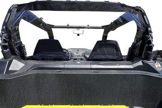 Moose Offroad rear windscreen for Commander and Maverick UTVs, made of durable clear material with mounting hardware.