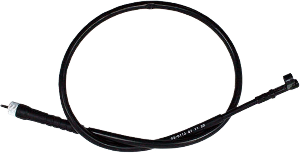 Black vinyl motorcycle speedometer cable by MOTION PRO, OEM-quality durable speedo cable for reliable motorcycle instrument connection.