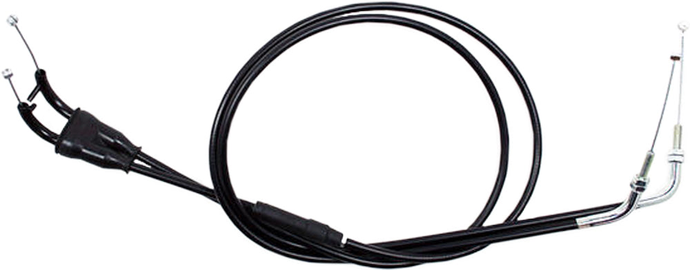 Motion Pro black vinyl throttle push-pull cable set, Part #04-0272, showing close-up of the durable cables with fittings and protective coating.