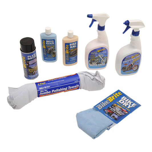 Motorcycle cleaning kit from Bike Brite Online featuring brushes, cleaning solutions, and accessories for bike maintenance.