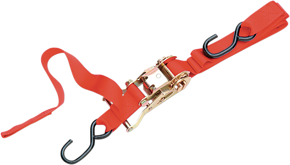 Red PARTS UNLIMITED 1-inch ratchet tied down strap with assist, 6 ft length, durable cargo securing equipment.