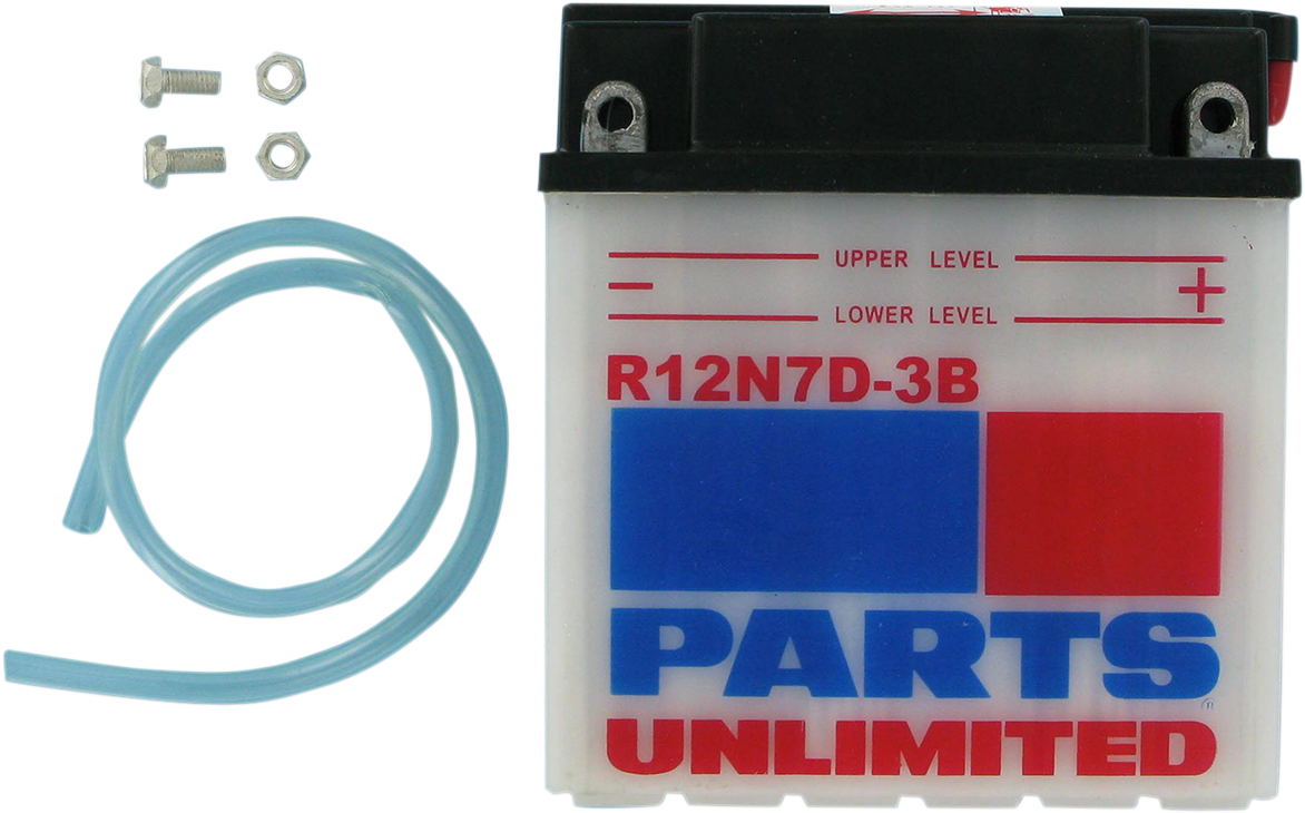 Parts Unlimited 12N7D-3B conventional vehicle battery showing its black casing and terminals, designed for reliable power.
