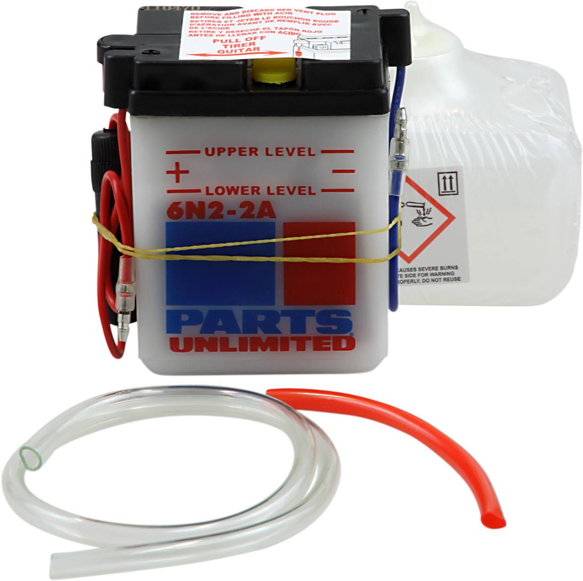 Parts Unlimited 6N2-2A-FP battery replacement for 6N2-2A motorcycle battery, showing the new battery and packaging.