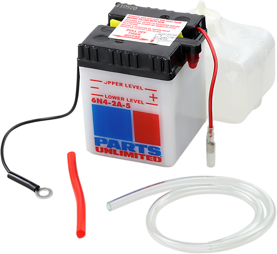 Parts Unlimited 6N4-2A-5 FP battery replacement for marine and powersport vehicles, showing the new battery with labels and terminals.