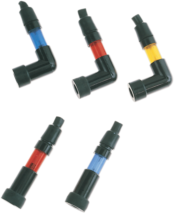 Parts Unlimited 90-degree blue spark plug cap for 10mm, 12mm, and 14mm plugs, compatible with various engine setups.
