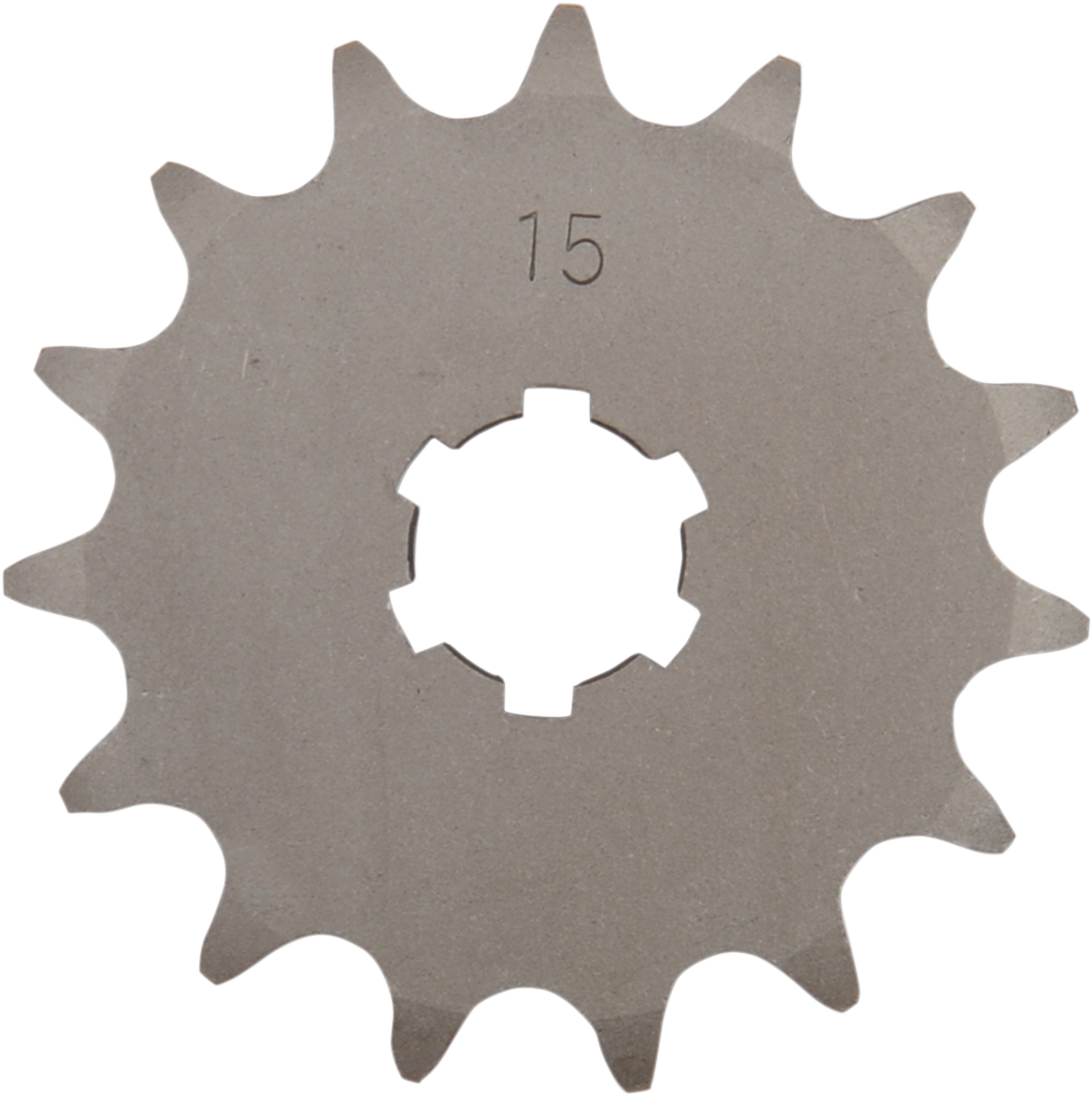Countershaft sprocket 15-tooth by PARTS UNLIMITED for Kawasaki, Suzuki, Yamaha motorcycles, shown in a close-up image.
