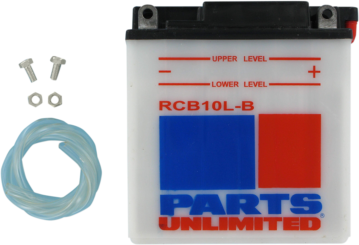 Parts Unlimited RCB10LB heavy-duty motorcycle battery with durable construction and part number CB10L-B.