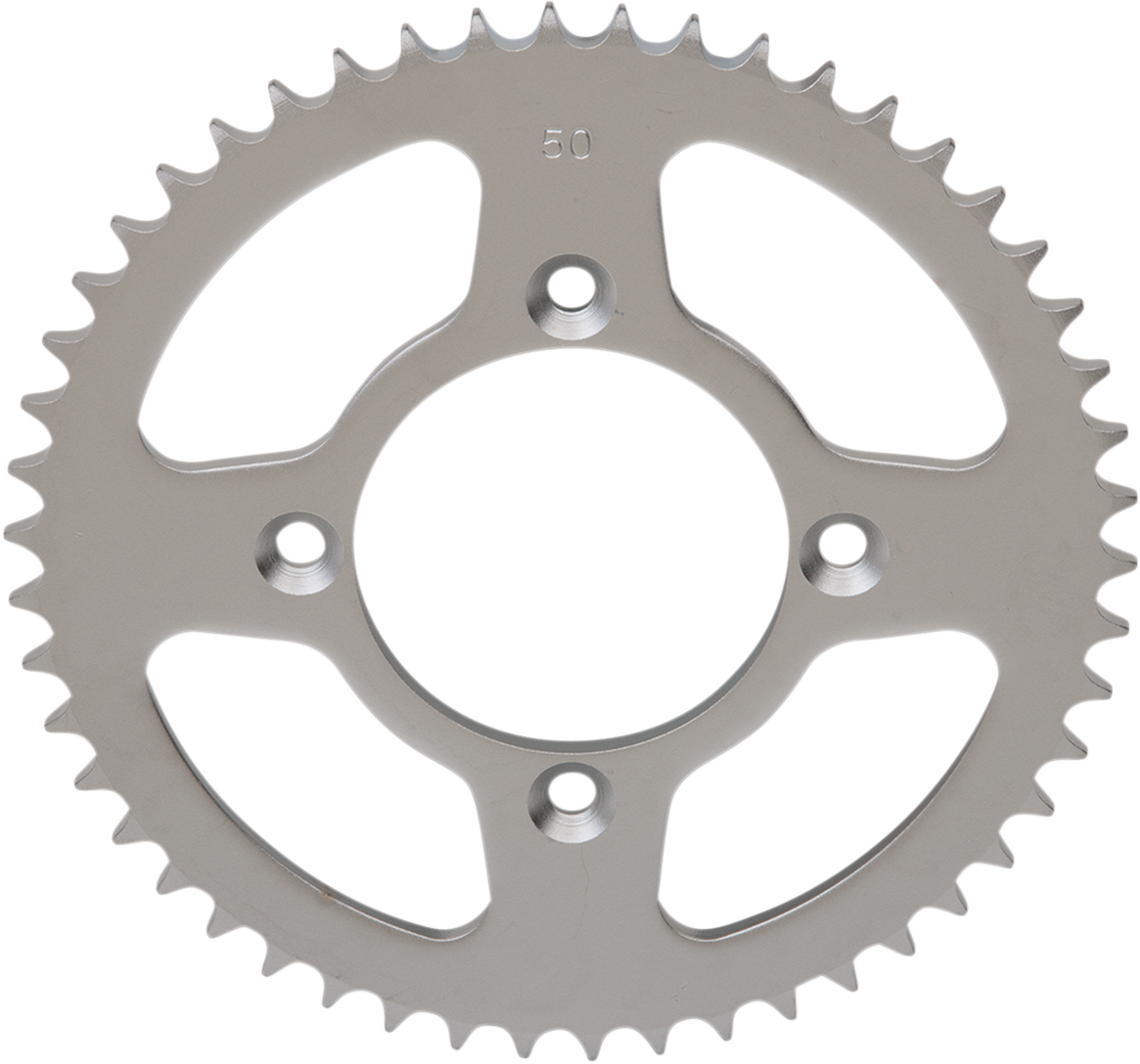 Parts Unlimited 50-tooth rear sprocket for Honda bikes, shown with teeth and metal finish in a clear product image.