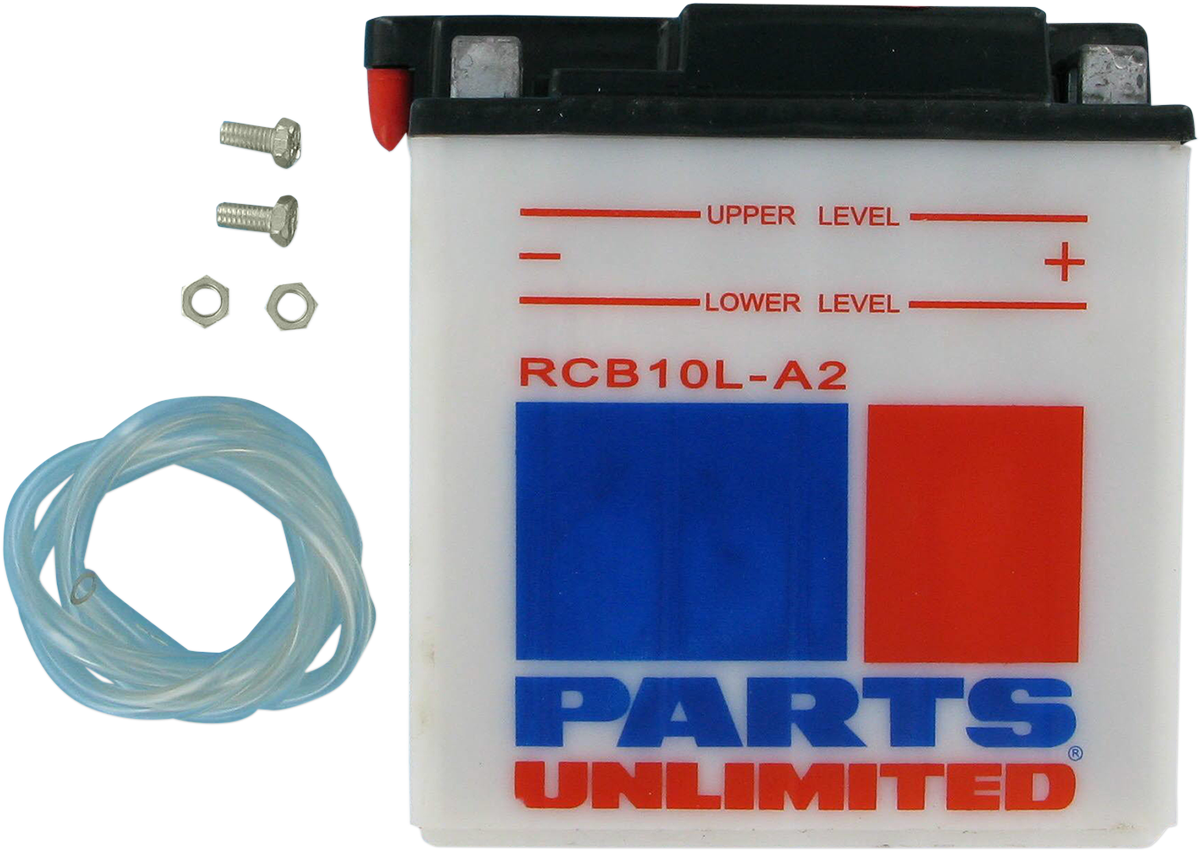 Parts Unlimited YB10L-A2 CB10L-A2 heavy-duty motorcycle battery shown in the image with terminals and label details.