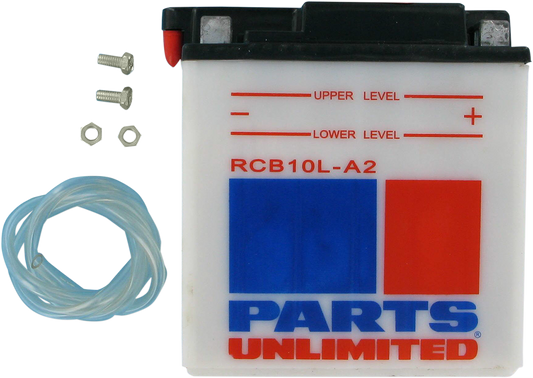 Parts Unlimited YB10L-A2 CB10L-A2 heavy-duty motorcycle battery shown in the image with terminals and label details.