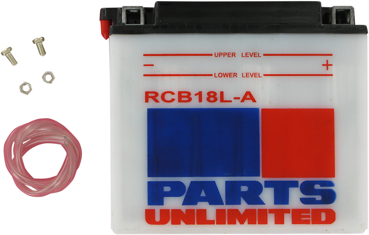 Parts Unlimited YB18L-A CB18L-A heavy-duty motorcycle battery showing terminals and size details.