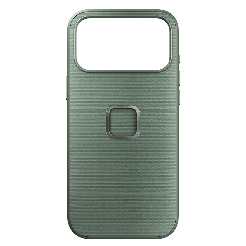 Peak Design Everyday Case for iPhone 17 Pro Max in sage color, showing the slim mobile phone case with protective design.