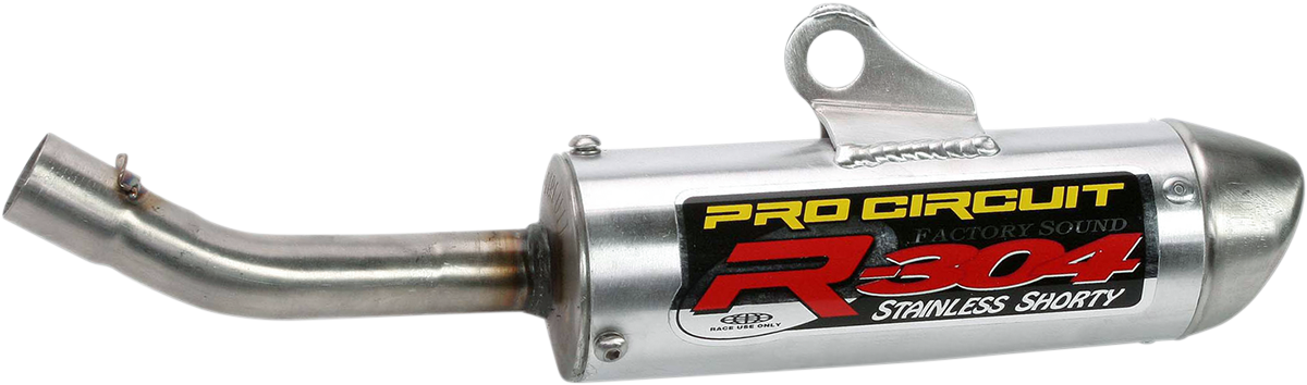 Pro Circuit R-304 silencer for two-stroke engines, showing the metallic exhaust component with branding markings.