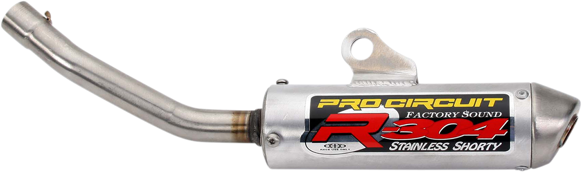 Pro Circuit R-304 silencer for two-stroke engines, showing the metal body and mounting points of the exhaust component.