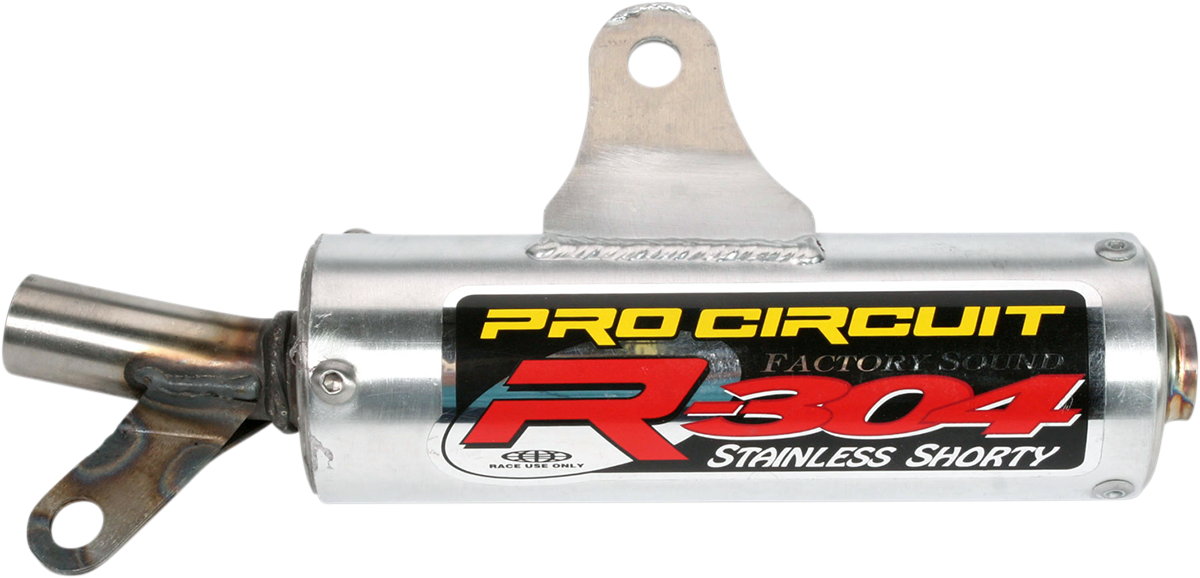 PRO CIRCUIT R-304 Silencer for two-stroke engines, compact aluminum canister with stainless steel intake tube, black and silver finish.