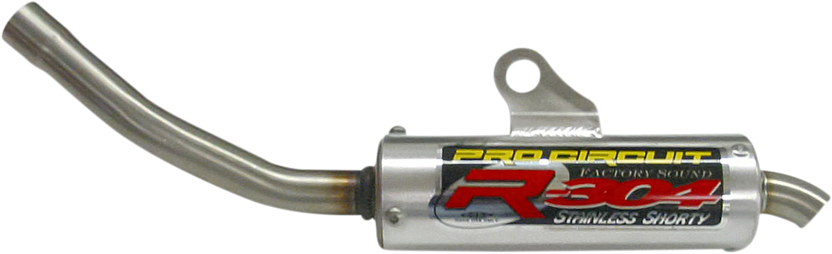 Pro Circuit R-304 two-stroke silencer for closed-course racing, showing the black and silver exhaust component with mounting details.