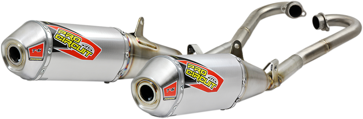 Pro Circuit T-6 exhaust system for off-road and trail riding, featuring a sleek metal muffler with mounting hardware.