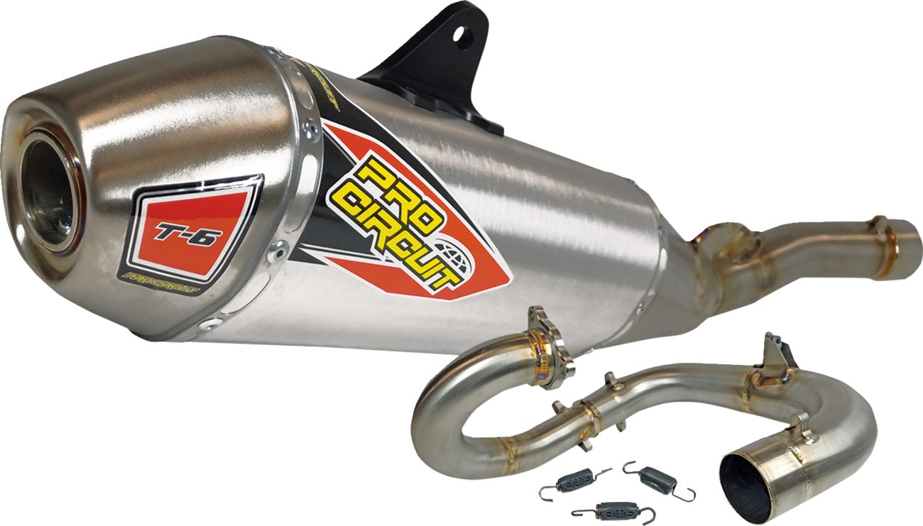 Pro Circuit T-6 exhaust system with metallic finish, showcasing durable construction and sporty design for enhanced motorcycle performance.