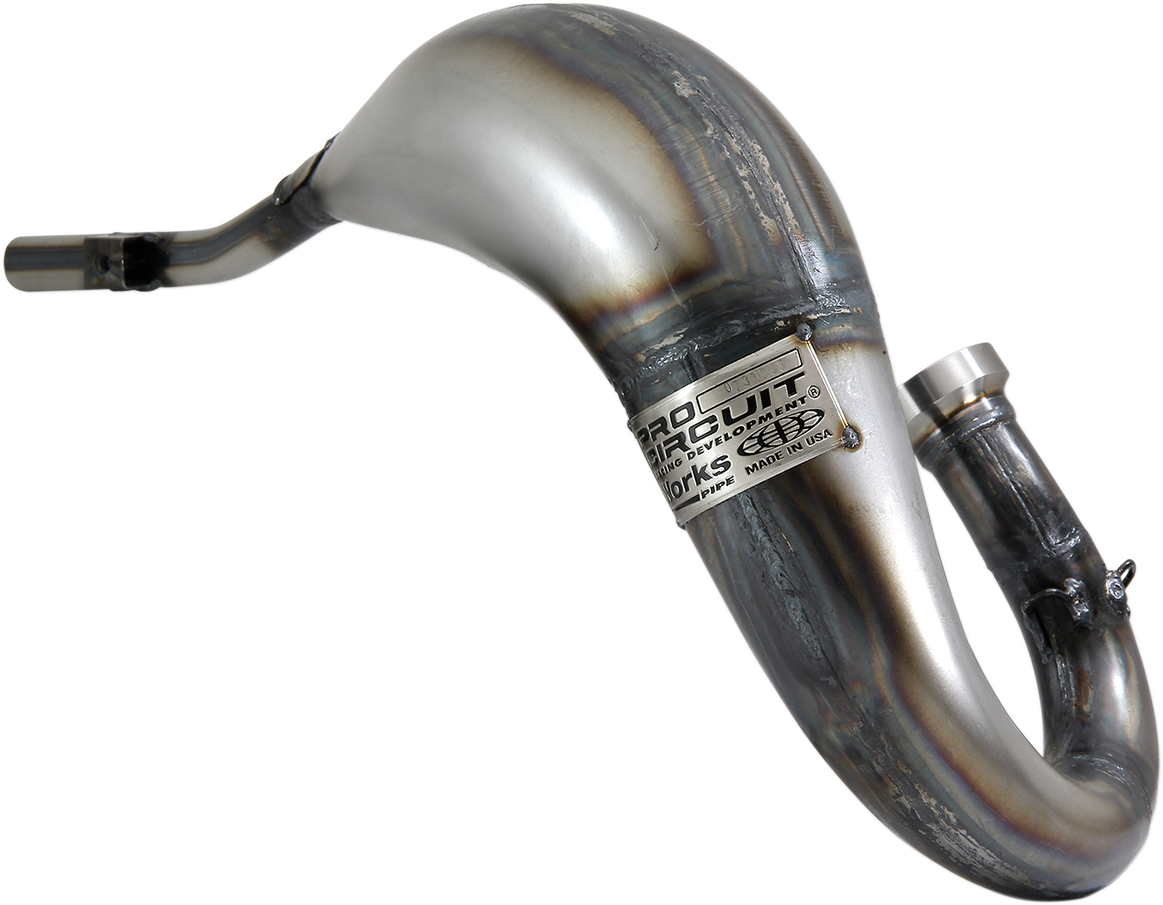 Pro Circuit Works Pipe 0731985 high-performance motorcycle exhaust in bare metal finish, showcasing sleek metal surface and pipe design.