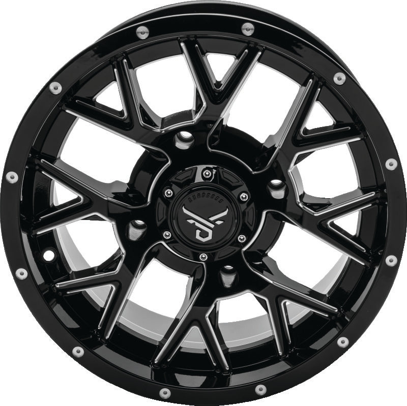 QuadBoss Barbwire 14x7 aluminum wheel with black center caps, 4+3 bolt pattern, milled finish for off-road vehicles.