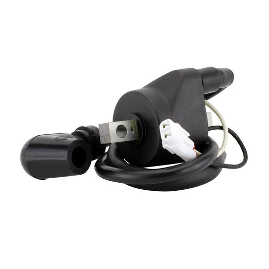 RM STATOR external ignition coil with spark plug cap for motorcycle, showing the coil and attached spark plug cap.