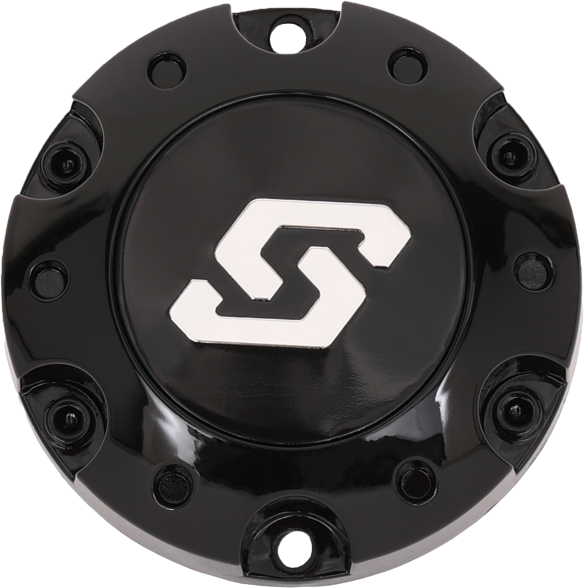 Sedona 570-9111 4/110 gloss black automotive wheel center cap by SEDONA, featuring a sleek, shiny finish and circular design.