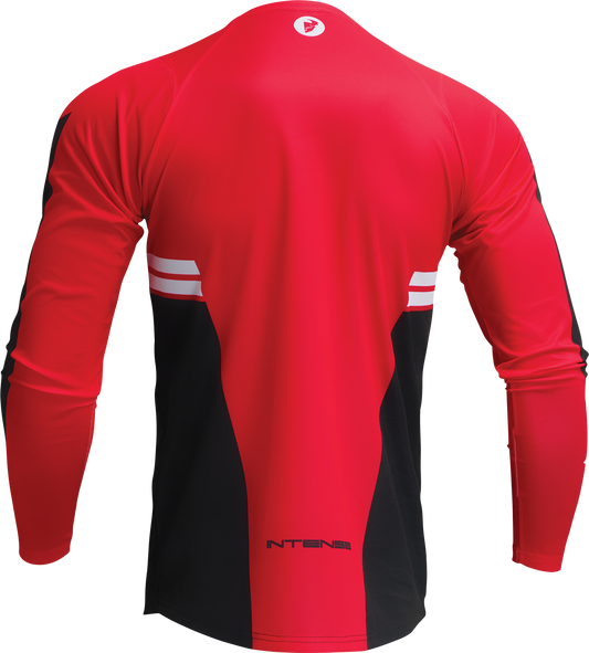 Red and black THOR Intense Assist Berm long-sleeve jersey in large size, featuring breathable fabric and motocross-style design.
