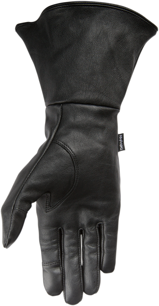 Black THRASHIN SUPPLY CO. Siege insulated gauntlet gloves in large size, showing durable leather and insulated lining for cold protection.