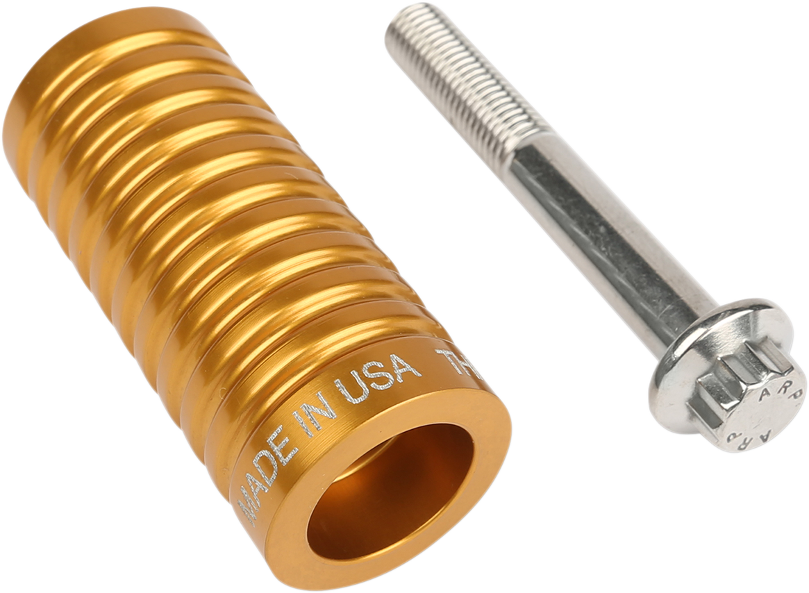 Gold Harley-Davidson TSC Shifter Peg by THRASHIN SUPPLY CO. with textured surface and mounting hardware for motorcycle gear.