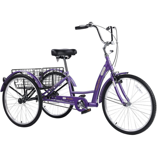 Purple Hycline Knus KT03 26-inch adult tricycle with three wheels, comfortable seat, and sturdy frame for easy riding.