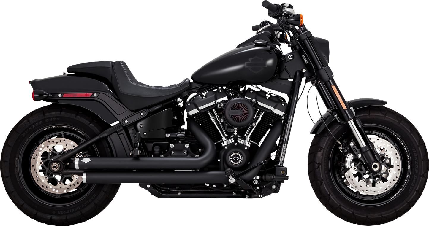 Vance & Hines Big Shots staggered exhaust system with black finish for motorcycles, showing the sleek, matte black pipes.