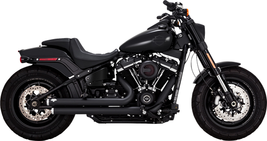 Vance & Hines Big Shots staggered exhaust system with black finish for motorcycles, showing the sleek, matte black pipes.