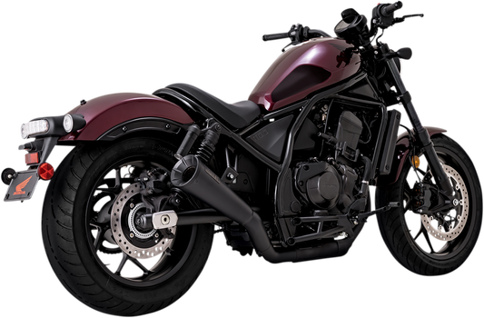 Vance & Hines black tapered cone exhaust muffler with fiberglass baffle for Honda Rebel motorcycle, front view.