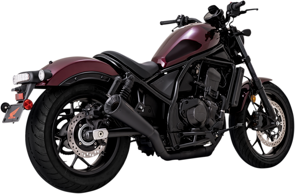Vance & Hines black tapered cone exhaust muffler with fiberglass baffle for Honda Rebel motorcycle, front view.