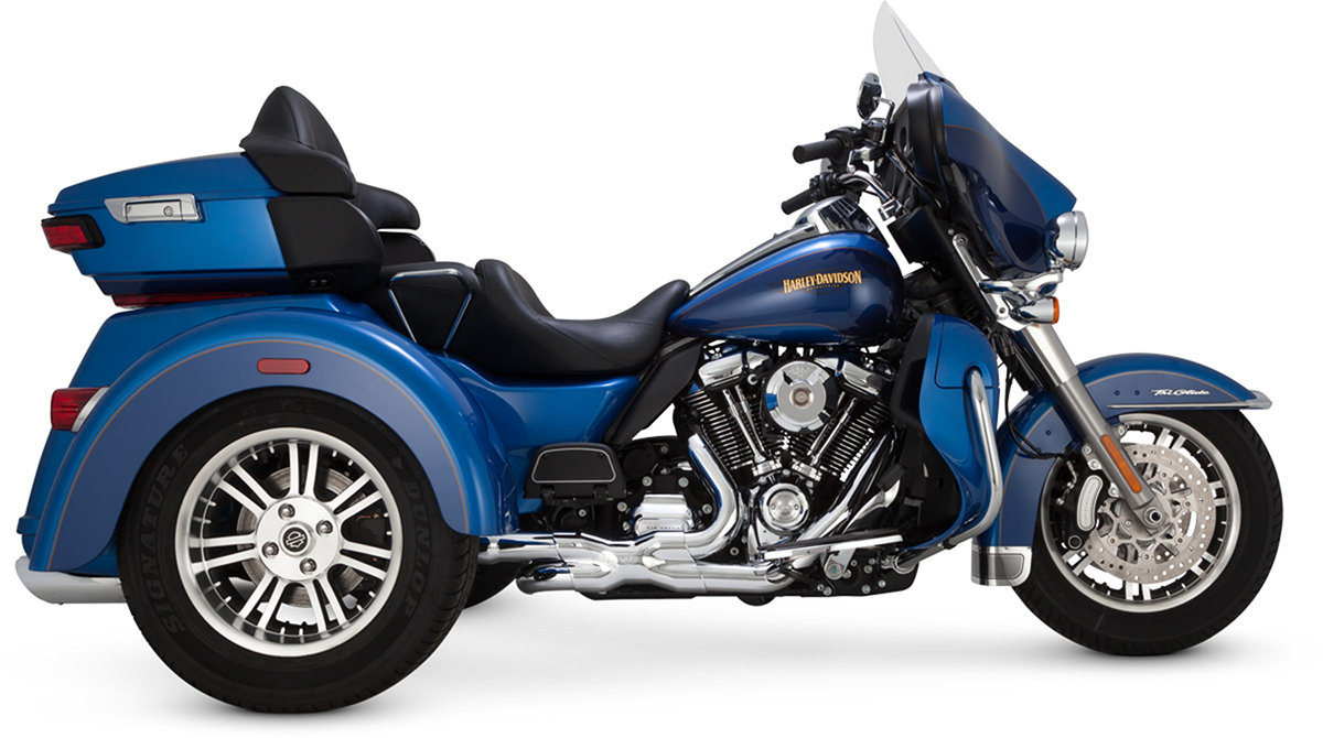 Chrome VANCE & HINES Trike Adapter Kit Part 16784 with mounting hardware, designed for improved ground clearance and sound on motorcycles.