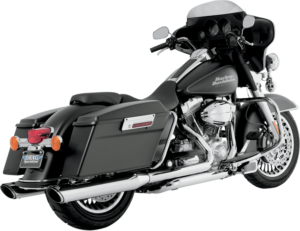 Vance & Hines Twin Slash Muffler in chrome for Harley-Davidson and custom motorcycles, featuring dual slash cut design.