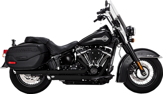 Pair of VANCE & HINES Twin Slash Slip-On Mufflers with PCX Technology in black for motorcycle exhaust upgrade.