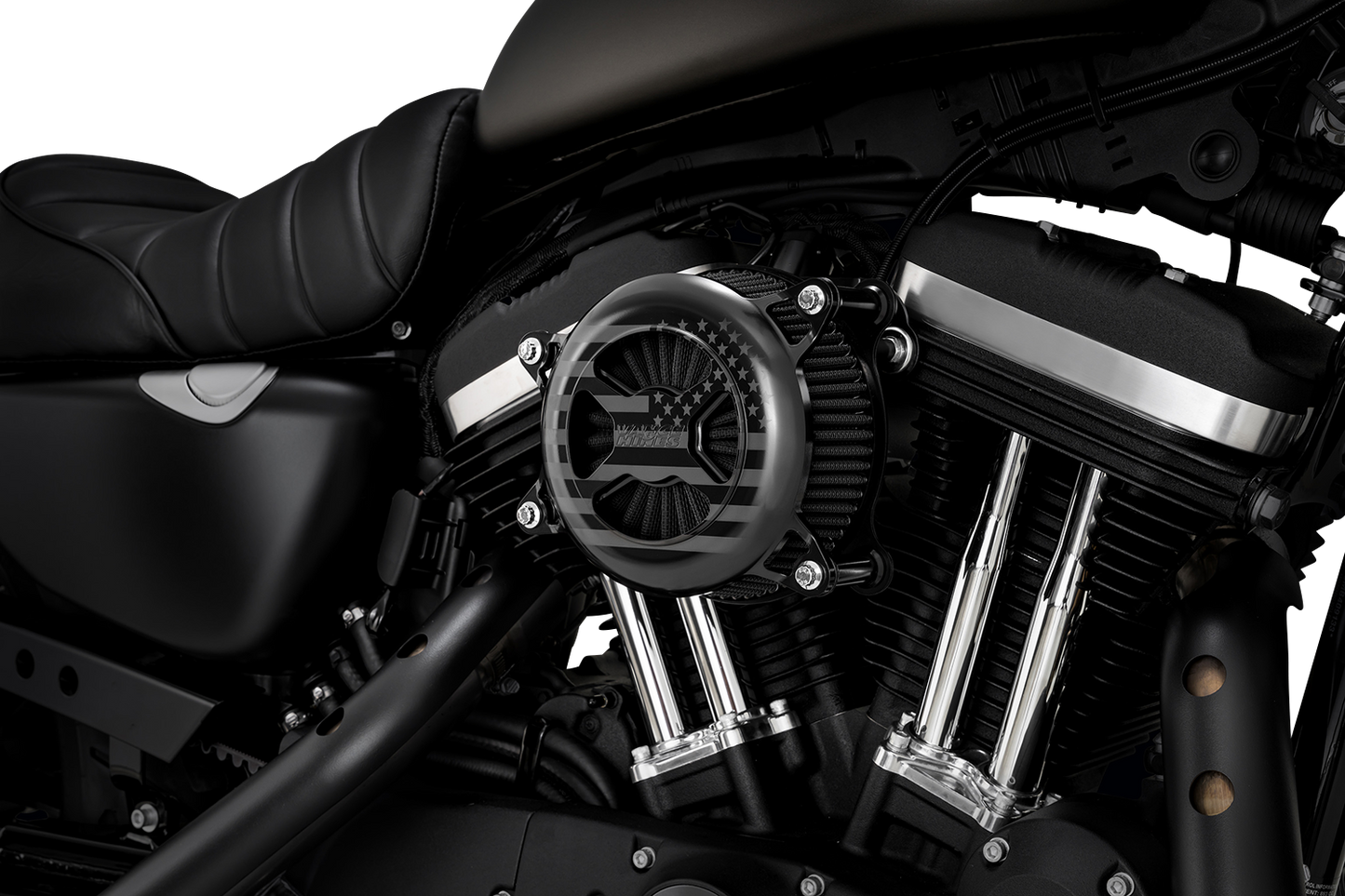 Vance & Hines VO2 America Black Air Intake Kit for Harley-Davidson XL motorcycle, showing the sleek black design and mounting details.