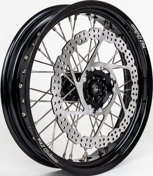 Warp9Racing Honda CRF front 17-inch wheel in red, black, and silver for off-road motorcycle, in stock with fitment details.