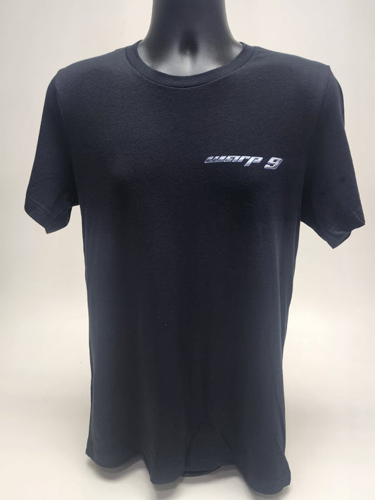 Black WarpWear short sleeve shirt by Warp9Racing, casual men's apparel with logo detail, displayed on a plain background.