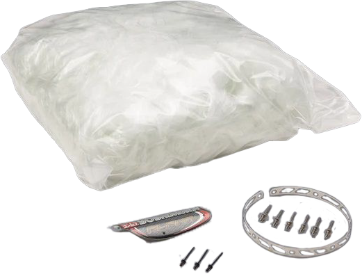 YOSHIMURA Muffler Repack Kit Alpha Premium for motorcycle exhaust, shown in packaging with parts and tools.