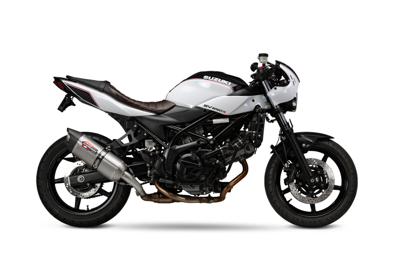 YOSHIMURA AT2 Street Exhaust System with matte carbon fiber end cap, black metal muffler and sleek design for motorcycle performance