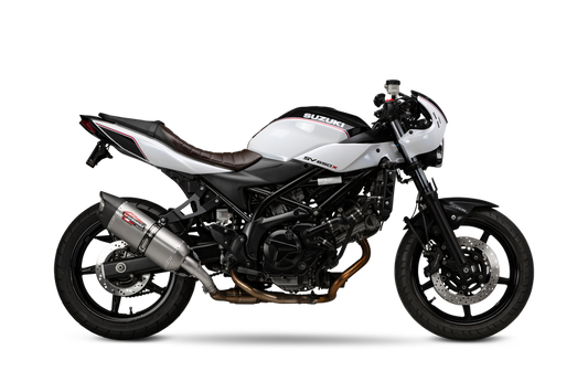 YOSHIMURA AT2 Street Exhaust System with matte carbon fiber end cap, black metal muffler and sleek design for motorcycle performance