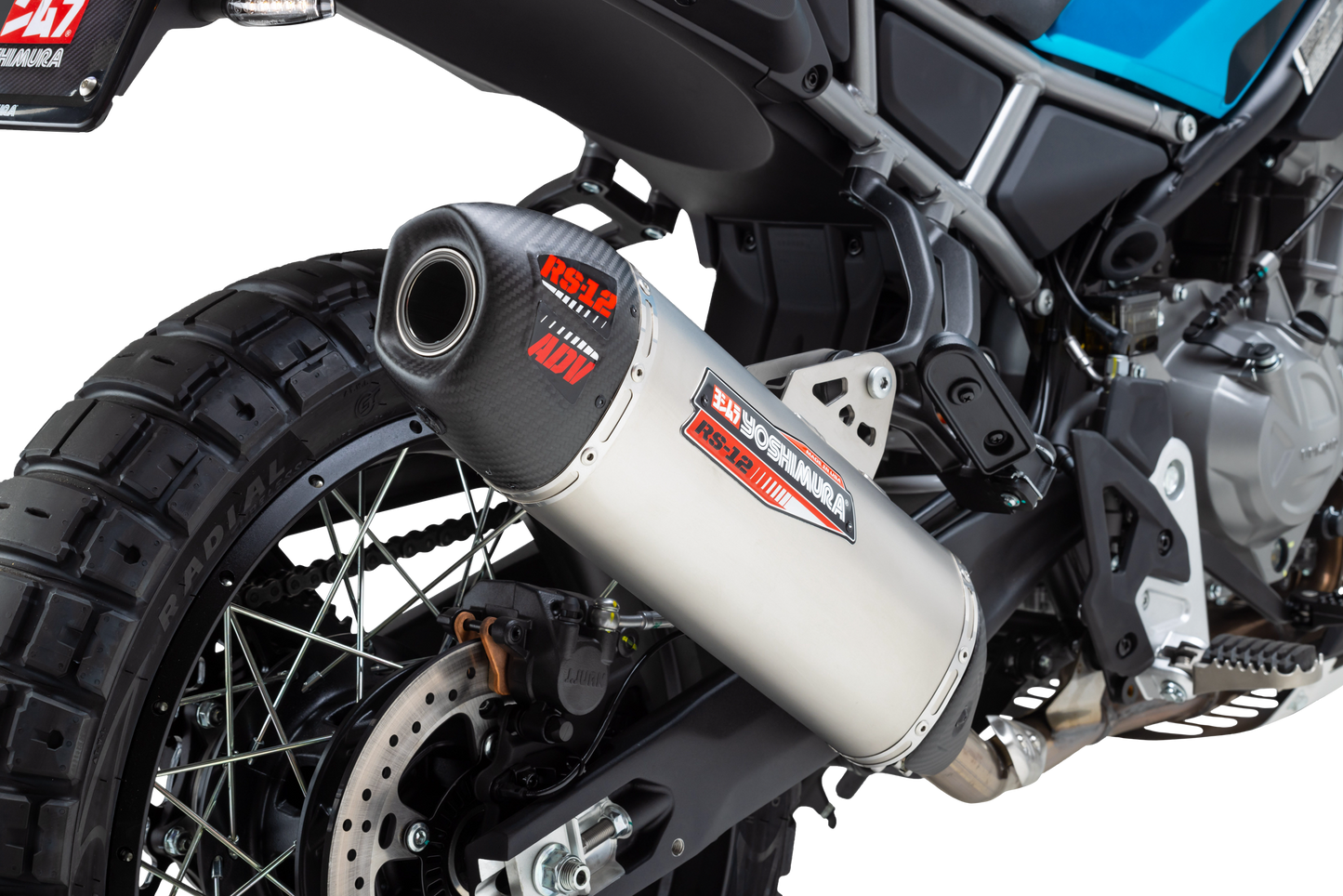 YOSHIMURA RS-12 ADV slip-on exhaust system for off-road vehicles, showing the sleek metallic muffler with branding.