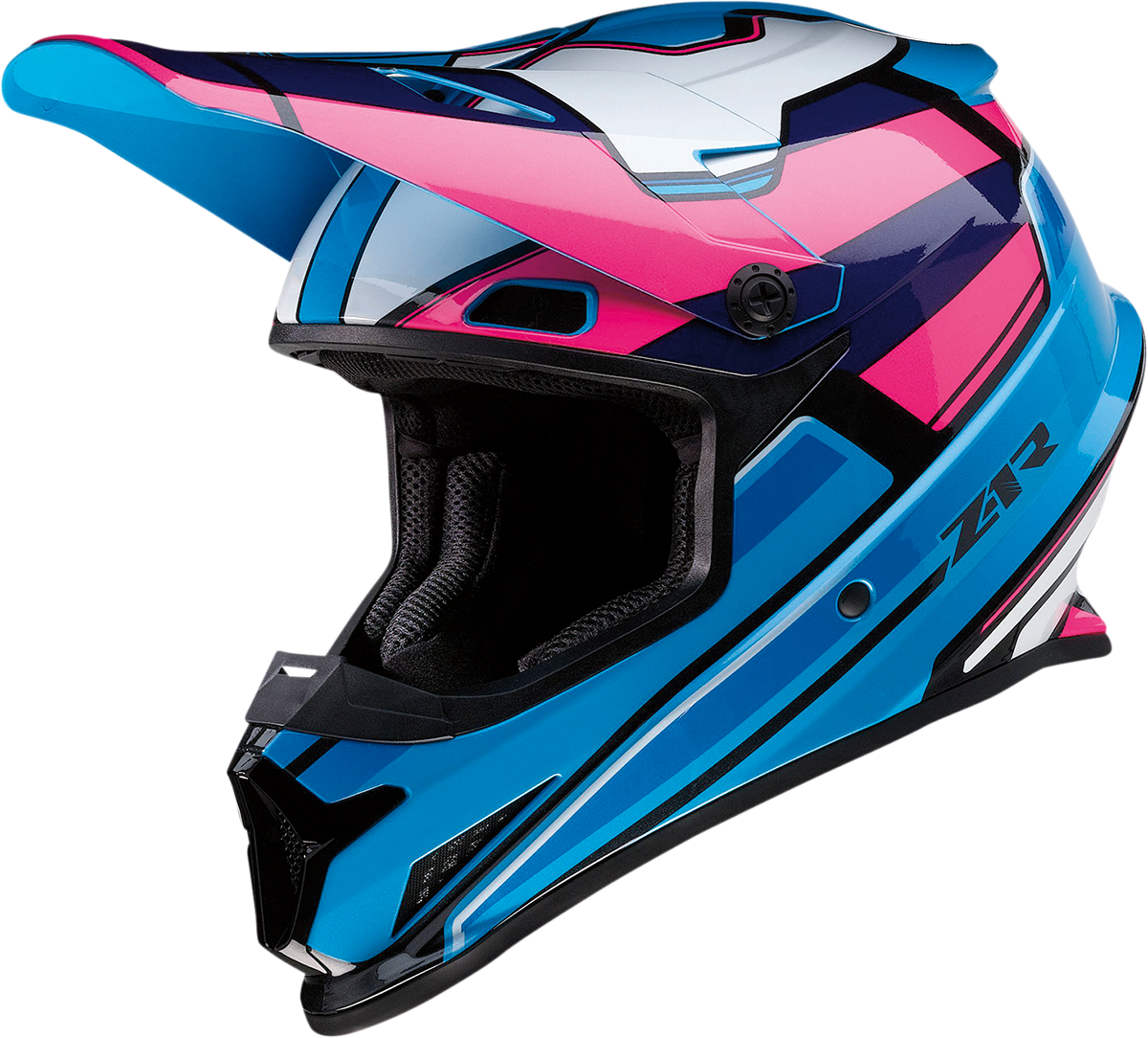 Z1R Rise motorcycle helmet in pink and blue, 3XL size, with sleek design and clear visor, model 0110-7190.