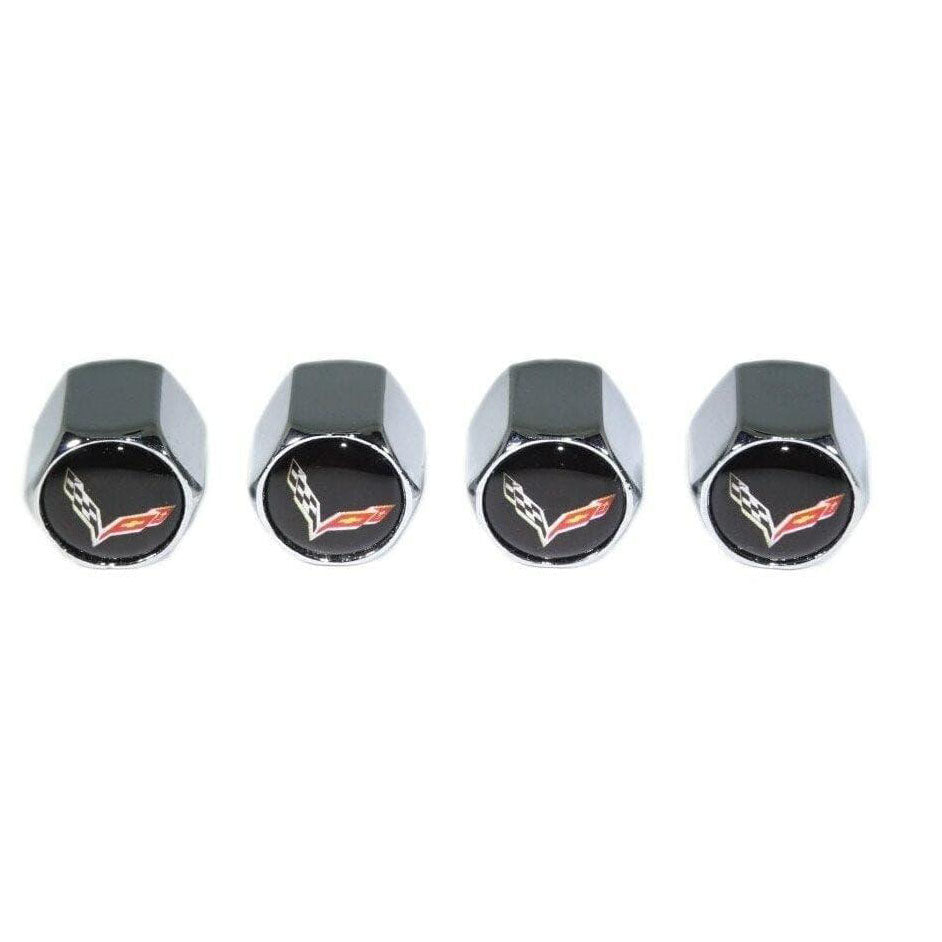 Chrome Valve Stem Tire Caps, Style: Corvette, Black Background - Howling Moto