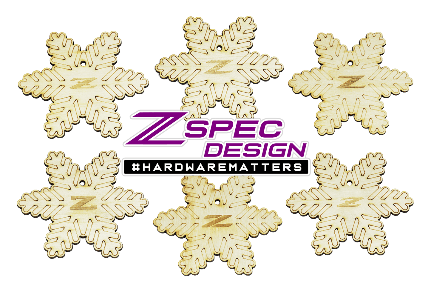 ZSPEC Laser-Engraved Wood Ornaments, Set of Six Nissan Z-Snowflakes, 3.75" - Howling Moto
